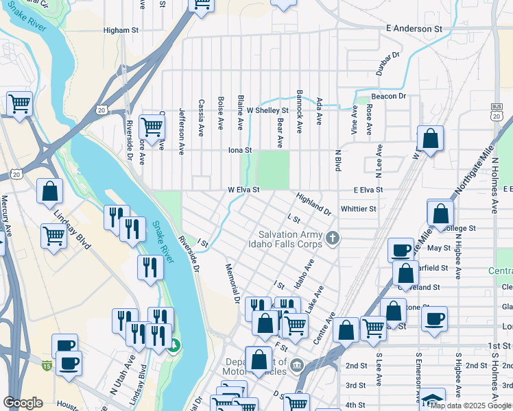 map of restaurants, bars, coffee shops, grocery stores, and more near 772 K Street in Idaho Falls