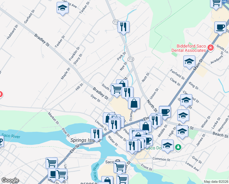 map of restaurants, bars, coffee shops, grocery stores, and more near 4 Scamman Street in Saco