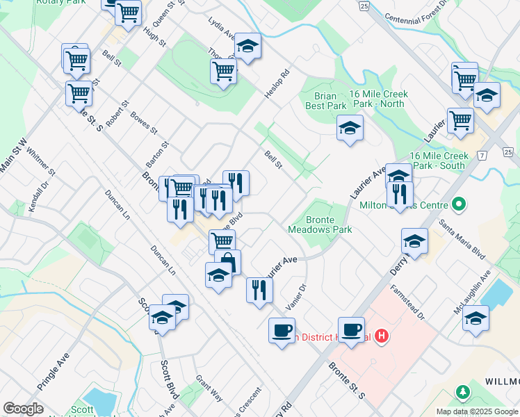 map of restaurants, bars, coffee shops, grocery stores, and more near 358 Meadowbrook Drive in Milton