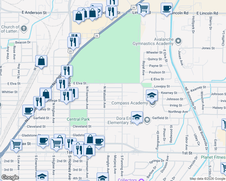 map of restaurants, bars, coffee shops, grocery stores, and more near 796 Whittier Street in Idaho Falls