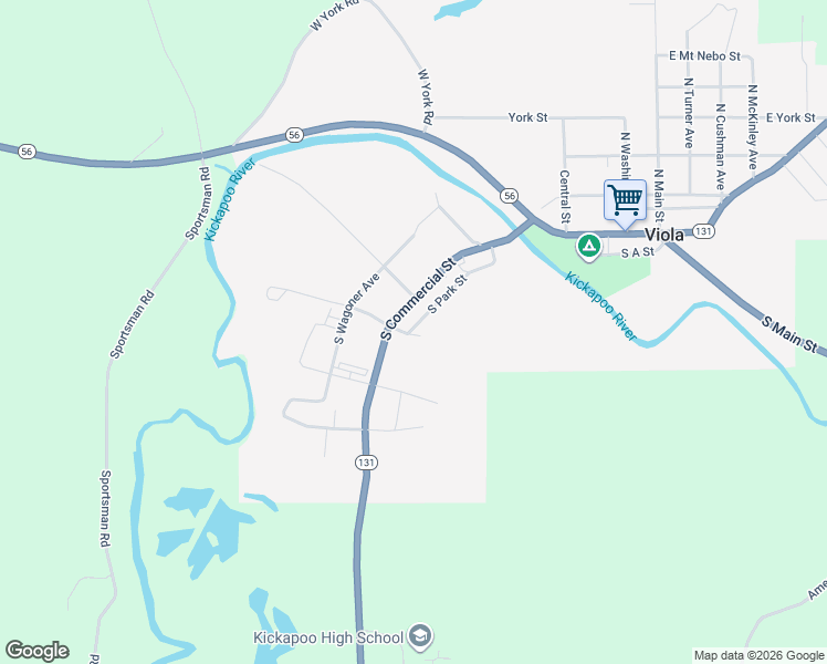 map of restaurants, bars, coffee shops, grocery stores, and more near 304 South Park Street in Viola