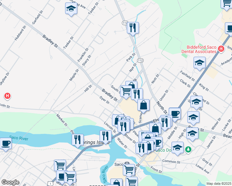 map of restaurants, bars, coffee shops, grocery stores, and more near 21 Bradley Street in Saco