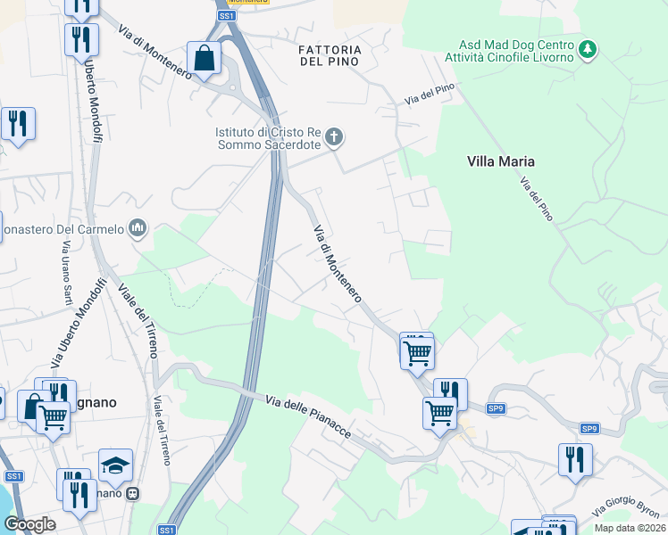 map of restaurants, bars, coffee shops, grocery stores, and more near 121 Via di Montenero in Livorno
