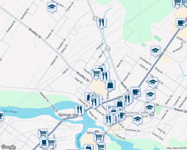 map of restaurants, bars, coffee shops, grocery stores, and more near 4 Scamman Street in Saco