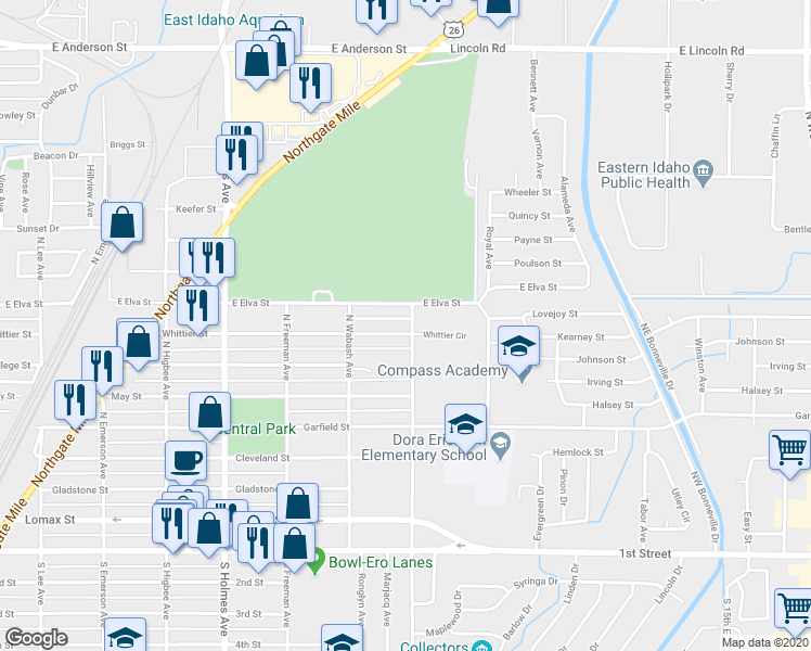 map of restaurants, bars, coffee shops, grocery stores, and more near 796 Whittier Street in Idaho Falls