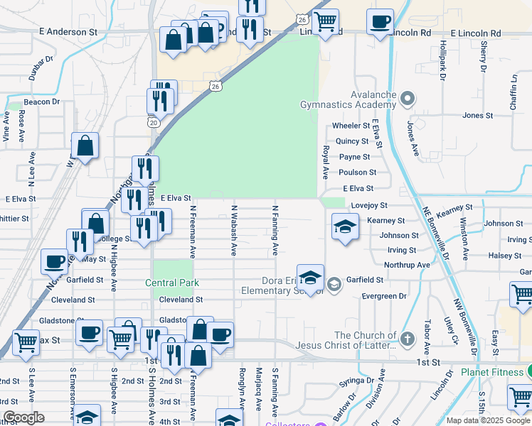 map of restaurants, bars, coffee shops, grocery stores, and more near 796 Whittier Street in Idaho Falls