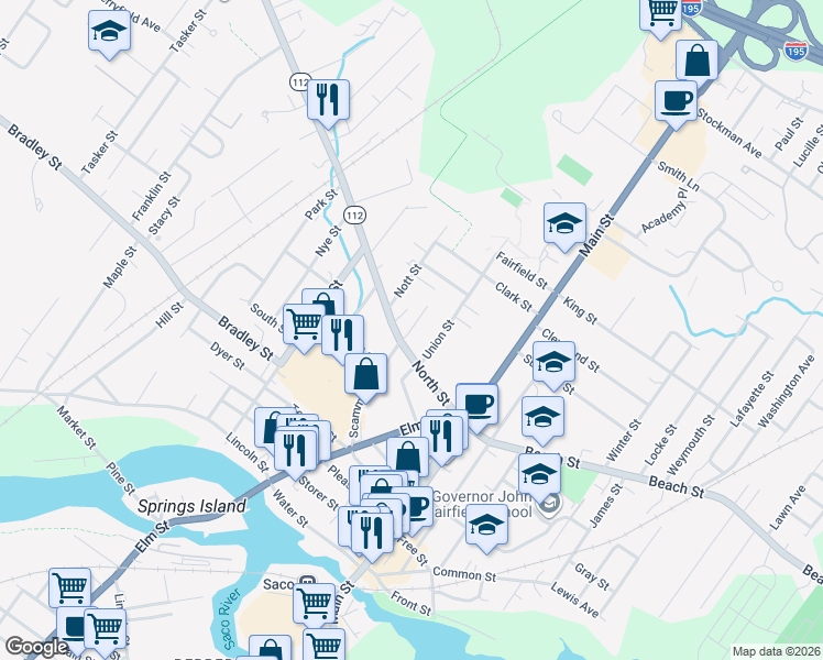 map of restaurants, bars, coffee shops, grocery stores, and more near 16 Union Street in Saco