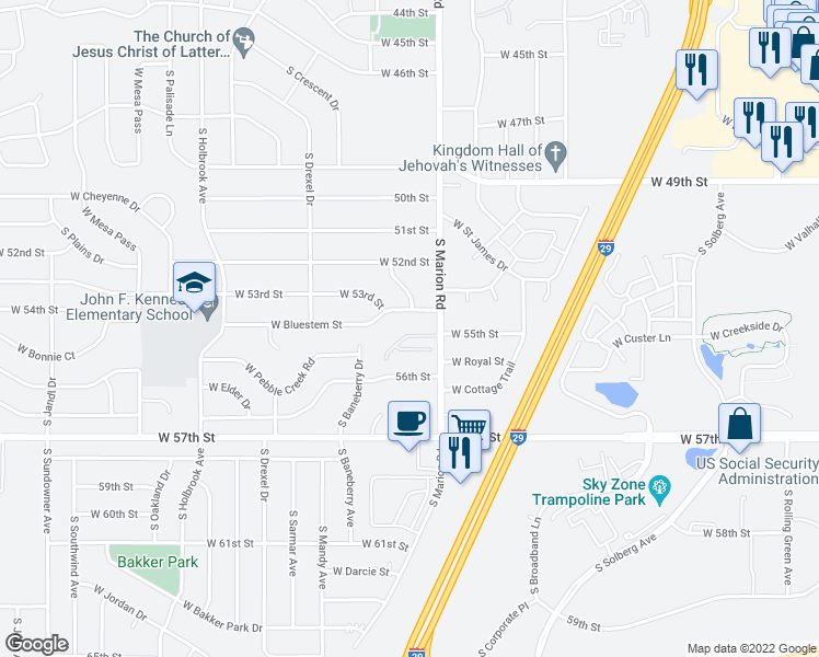 map of restaurants, bars, coffee shops, grocery stores, and more near W Sunnydale Pl in Sioux Falls