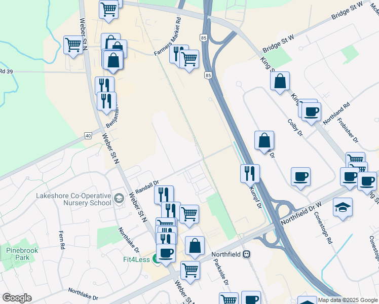 map of restaurants, bars, coffee shops, grocery stores, and more near 100 Randall Drive in Waterloo