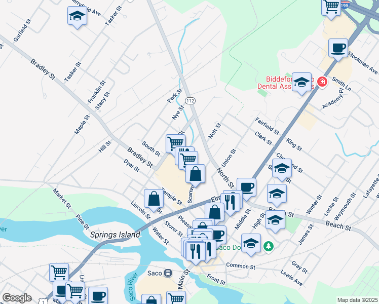 map of restaurants, bars, coffee shops, grocery stores, and more near 26 Mechanic Street in Saco