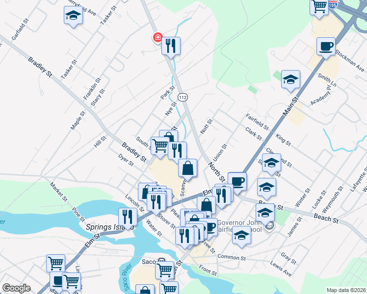 map of restaurants, bars, coffee shops, grocery stores, and more near 26 Mechanic Street in Saco