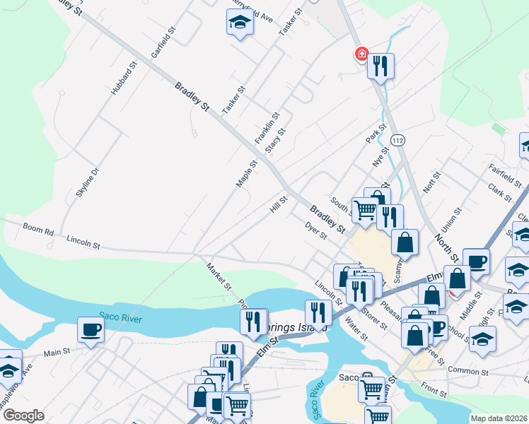 map of restaurants, bars, coffee shops, grocery stores, and more near 69 Hill Street in Saco