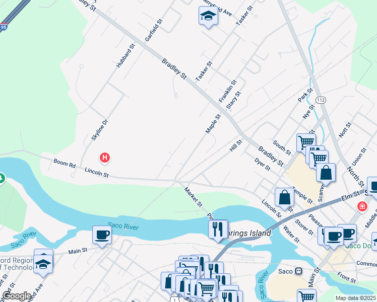 map of restaurants, bars, coffee shops, grocery stores, and more near 45 Maple Street in Saco