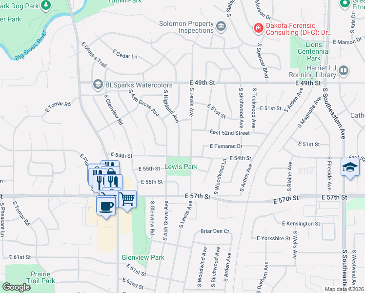 map of restaurants, bars, coffee shops, grocery stores, and more near 4513 South Highland Avenue in Sioux Falls