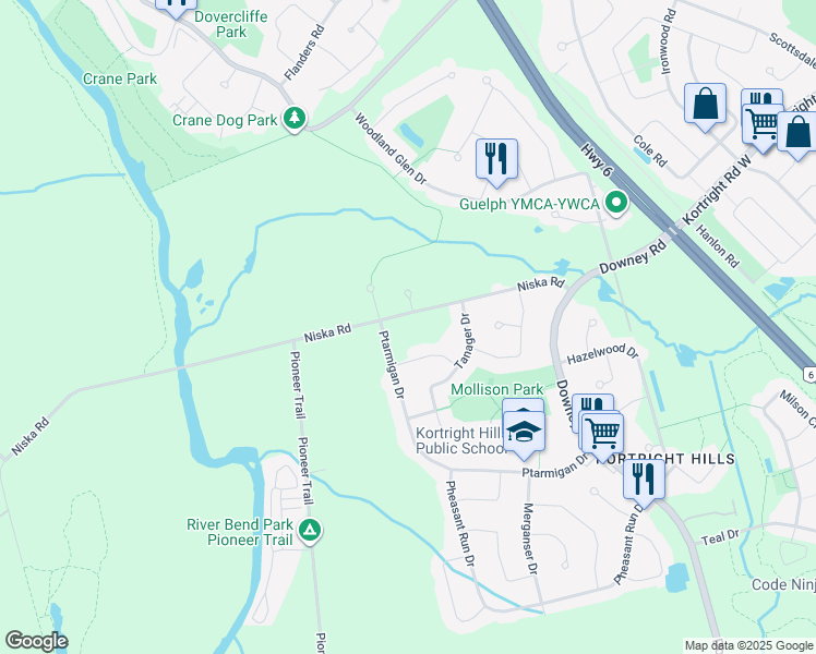 map of restaurants, bars, coffee shops, grocery stores, and more near 178 Niska Road in Guelph