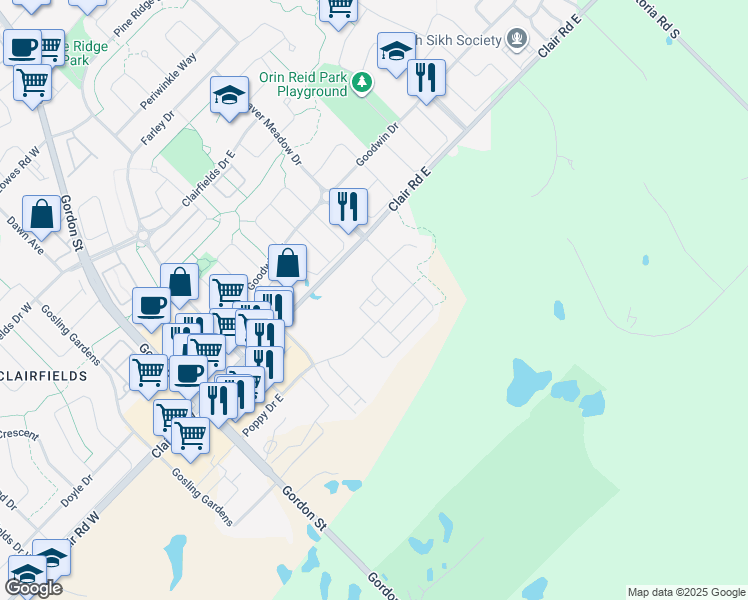 map of restaurants, bars, coffee shops, grocery stores, and more near 39 Kay Crescent in Guelph