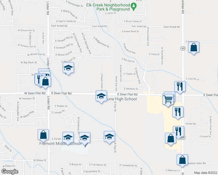 map of restaurants, bars, coffee shops, grocery stores, and more near 1720 South Rapid Creek Lane in Kuna