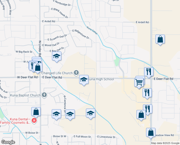 map of restaurants, bars, coffee shops, grocery stores, and more near 1720 South Rapid Creek Lane in Kuna