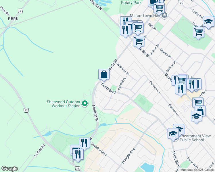 map of restaurants, bars, coffee shops, grocery stores, and more near 23 Scott Boulevard in Milton
