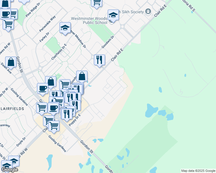 map of restaurants, bars, coffee shops, grocery stores, and more near 201 Poppy Drive East in Guelph