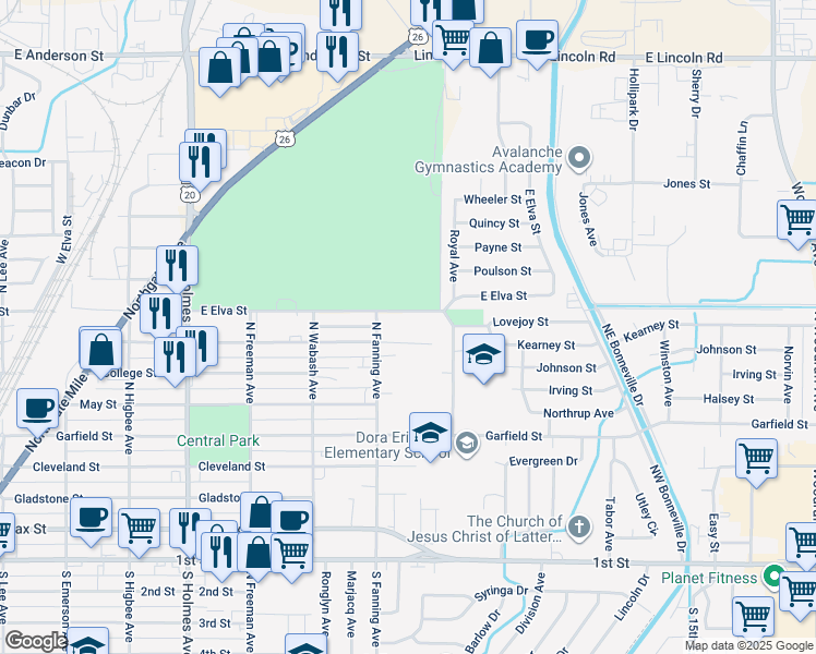 map of restaurants, bars, coffee shops, grocery stores, and more near 820 Whittier Circle in Idaho Falls