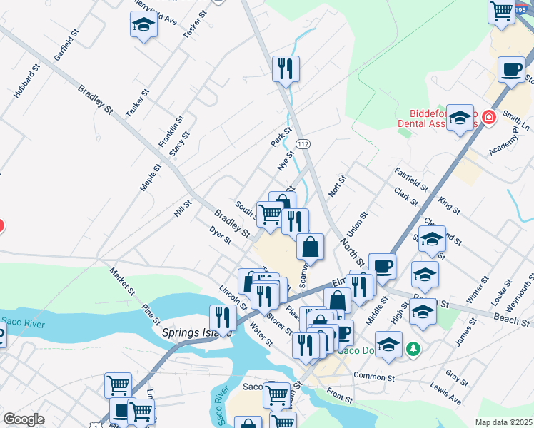 map of restaurants, bars, coffee shops, grocery stores, and more near 4 Scamman Street in Saco