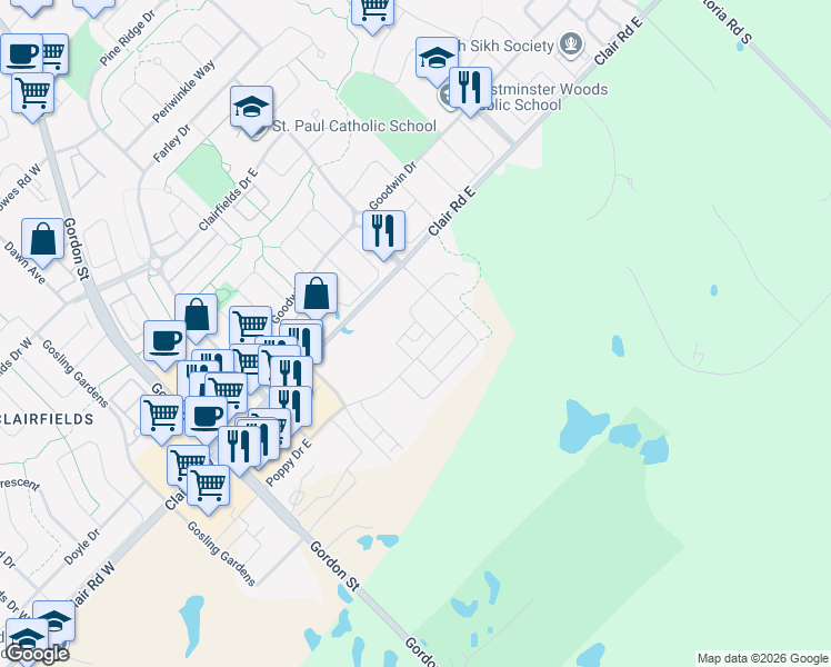 map of restaurants, bars, coffee shops, grocery stores, and more near 201 Poppy Drive East in Guelph
