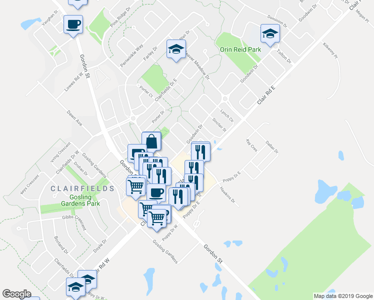 map of restaurants, bars, coffee shops, grocery stores, and more near 45 Goodwin Drive in Guelph