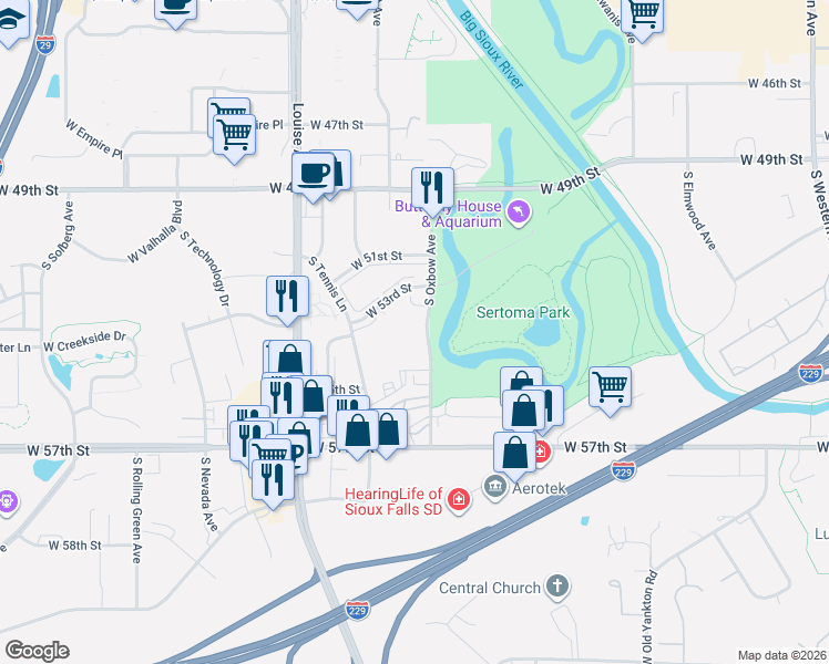 map of restaurants, bars, coffee shops, grocery stores, and more near 4705 South Oxbow Avenue in Sioux Falls