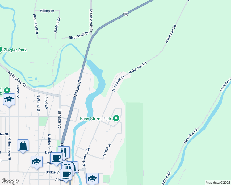 map of restaurants, bars, coffee shops, grocery stores, and more near 448 North German Street in Mayville