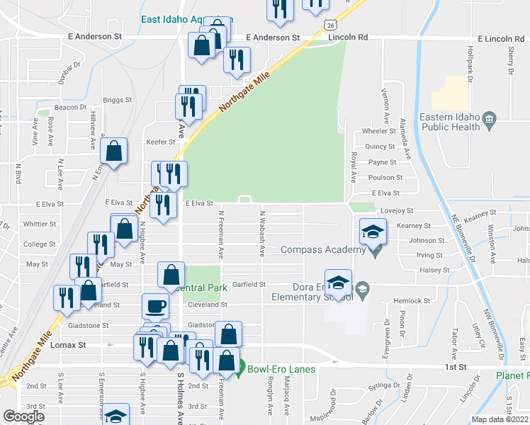 map of restaurants, bars, coffee shops, grocery stores, and more near 1100 North Wabash Avenue in Idaho Falls