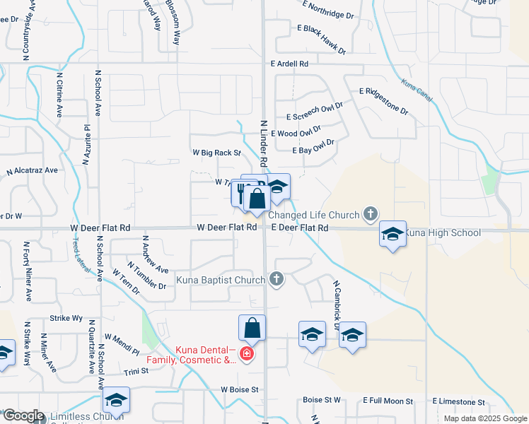map of restaurants, bars, coffee shops, grocery stores, and more near 1670 Linder Road in Kuna