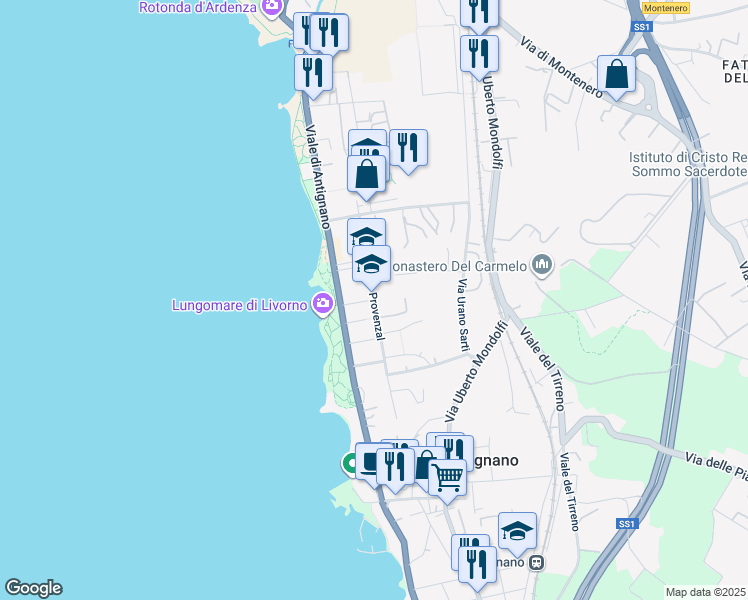 map of restaurants, bars, coffee shops, grocery stores, and more near Via Dino Provenzal in Livorno
