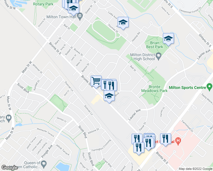 map of restaurants, bars, coffee shops, grocery stores, and more near 27 Heslop Road in Milton