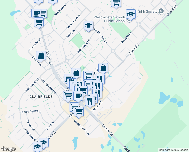 map of restaurants, bars, coffee shops, grocery stores, and more near 37 Goodwin Drive in Guelph