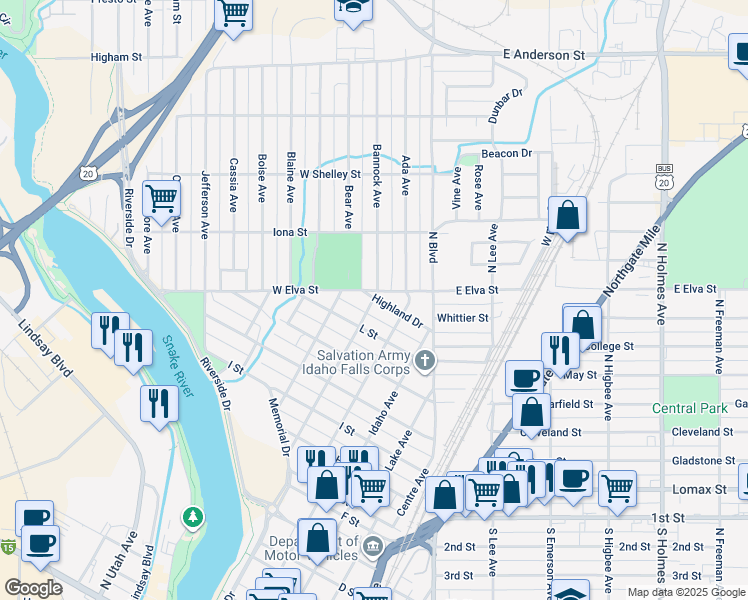 map of restaurants, bars, coffee shops, grocery stores, and more near 588 L Street in Idaho Falls