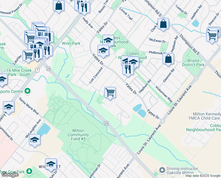 map of restaurants, bars, coffee shops, grocery stores, and more near 601 Gibson Crescent in Milton