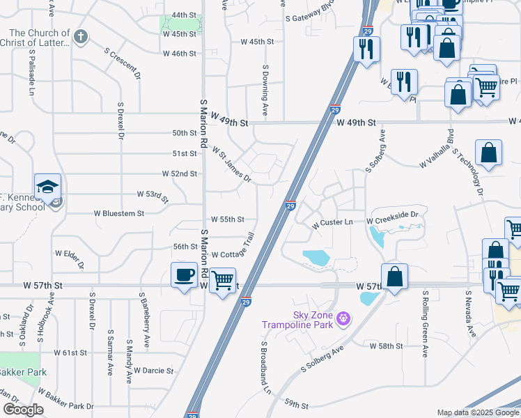 map of restaurants, bars, coffee shops, grocery stores, and more near 4900 West Cottage Trail in Sioux Falls