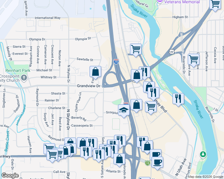 map of restaurants, bars, coffee shops, grocery stores, and more near 1463 Vega Circle in Idaho Falls