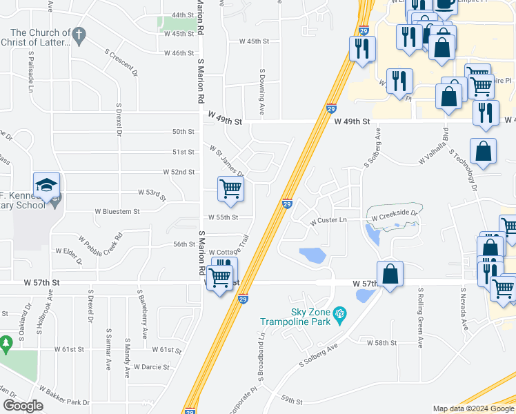 map of restaurants, bars, coffee shops, grocery stores, and more near 4604 West Cottage Trail in Sioux Falls