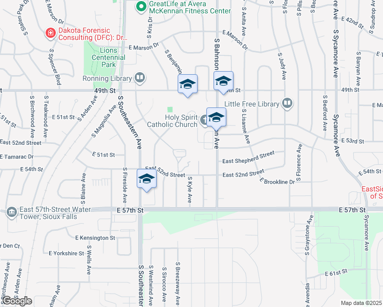 map of restaurants, bars, coffee shops, grocery stores, and more near 4910 South Prince of Peace Place in Sioux Falls