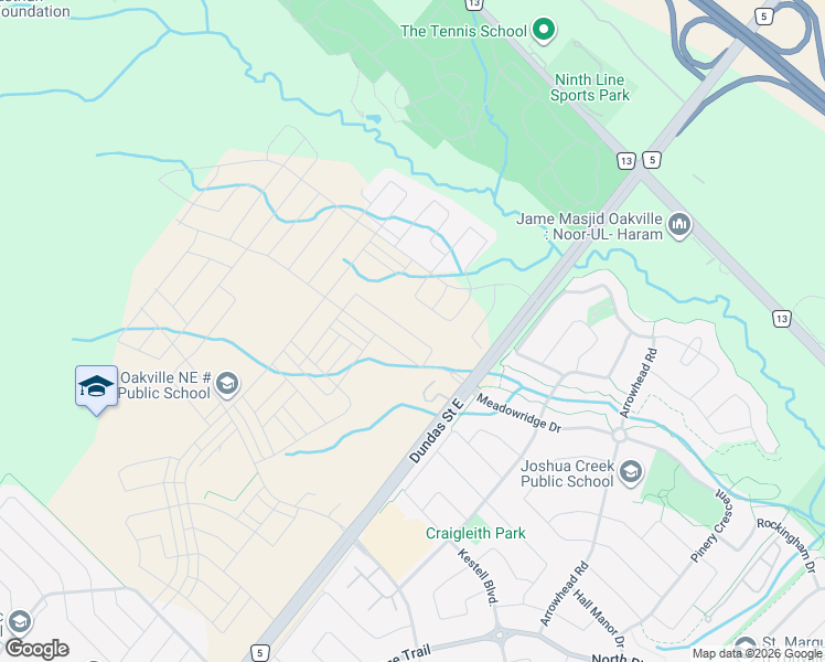 map of restaurants, bars, coffee shops, grocery stores, and more near 3055 Perkins Way in Oakville