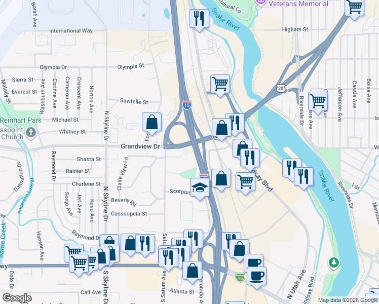 map of restaurants, bars, coffee shops, grocery stores, and more near East Veterans Memorial Highway in Idaho Falls