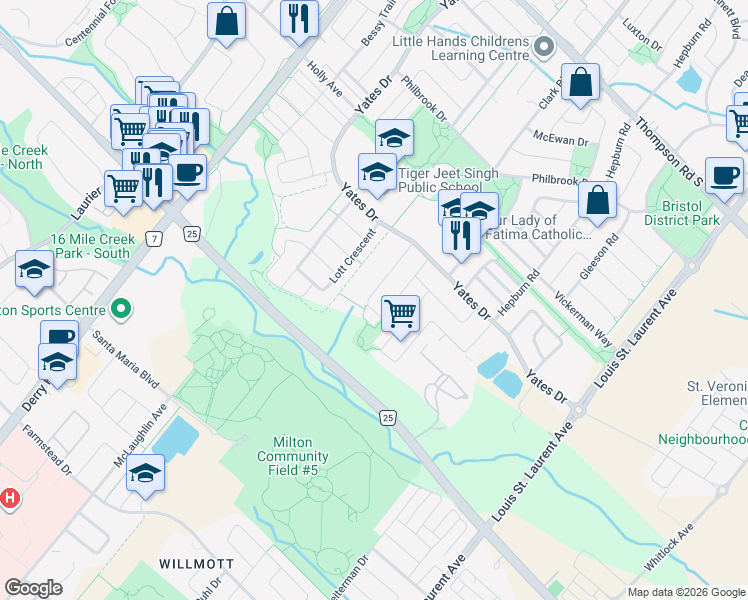 map of restaurants, bars, coffee shops, grocery stores, and more near 930 Stoutt Crescent in Milton