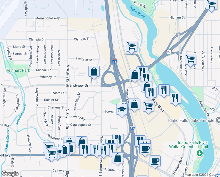 map of restaurants, bars, coffee shops, grocery stores, and more near 1440 Vega Circle in Idaho Falls