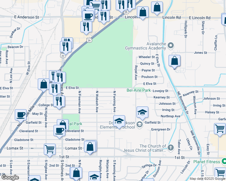 map of restaurants, bars, coffee shops, grocery stores, and more near 739-799 East Elva Street in Idaho Falls