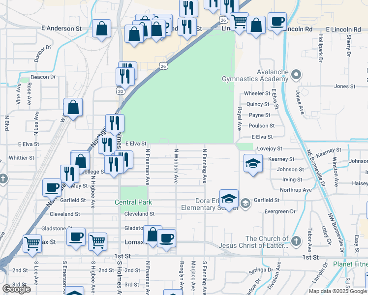 map of restaurants, bars, coffee shops, grocery stores, and more near 710 East Elva Street in Idaho Falls