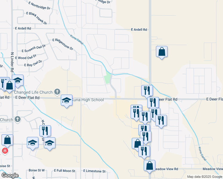 map of restaurants, bars, coffee shops, grocery stores, and more near 1728 North Siltstone Way in Kuna