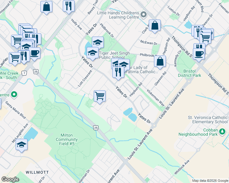 map of restaurants, bars, coffee shops, grocery stores, and more near 682 Bolingbroke Drive in Milton