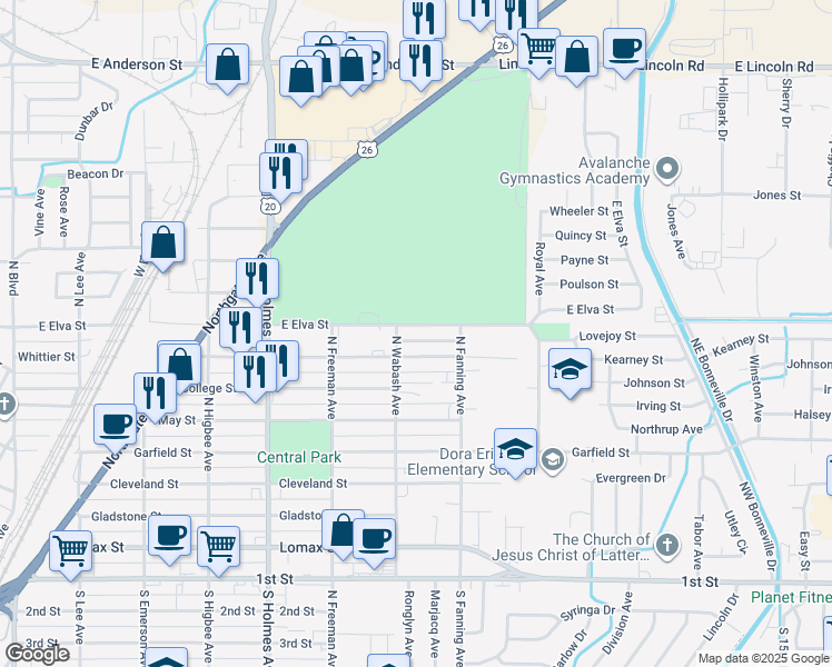 map of restaurants, bars, coffee shops, grocery stores, and more near 710 East Elva Street in Idaho Falls
